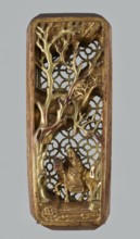 Monk on Horseback Under a Tree — decorative panel;, Chinese; horses and monks iconography;