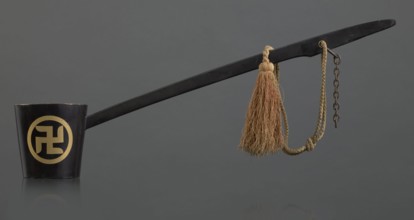 Ritual ladle, Chinese, Qing 1644–1911, Chinese Buddhism, ritual vessel with swastikas painted gold.