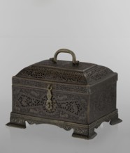 Box; rectangular on four feet with a lid and a handle on top. Persian Iran, Qajar dynasty, 19th