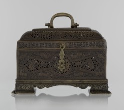 Box; rectangular box on four feet with lid and a handle on top. 19th century; Iran Qajar dynasty,