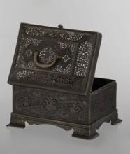 Box; Persian Qajar dynasty, 19th century. Rectangular box on four feet with a lid and handle. Iran.