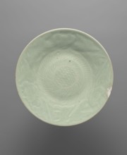 Plate — celadon; maker, Chinese; ceramics; geometric decorations and plant ornaments; vessel;
