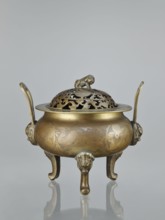 Ding-type incense burner with cover, Chinese, ceremonial vessel censer, bronze, engraved plant