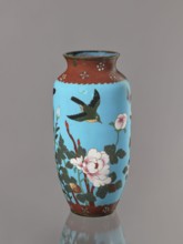 Vase, Cloisonné enamel on copper with brass rims at the spout and foot. Decoration: large roses and