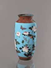 Vase. Cloisonné enamel on copper with brass rims at the spout and foot. Short, slightly flared neck