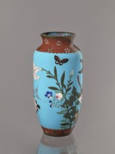 Vase, Cloisonné enamel on copper with brass rims at the spout and foot. Decoration: large roses and