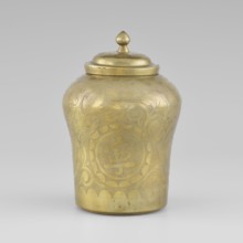 Tin with a lid, tin, early 20th century, Korea, container with widened top, height 15.0 cm,
