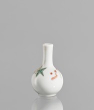 Bottle, very small ovoid bottle with a long, thin, straight neck. White glaze, painted with enamel