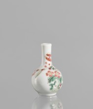 Bottle, very small ovoid bottle with a long, thin, straight neck. White glazed colored porcelain