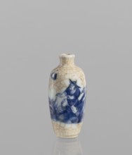Flask-style snuffbox of elongated ovoid shape with a narrow short neck. Blue-and-white porcelain