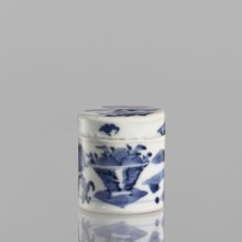 Cylindrical jar with a lid; ceramics, blue-and-white porcelain; cylindrical vessel with attached