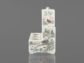 Pedestal for a writing set three-stage, ceramics, colored porcelain; decorated with flowers,