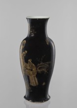 Vase, Elongated vase with a wide neck. Decoration painted with gold on a black background; figural