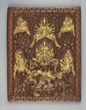 Garuda surrounded by other Buddhist deities; inscriptions; snakes; Kalachakra symbol; sculpture
