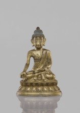 Buddha sitting on a lotus throne;, ; figurine; Chinese culture; Chinese art; Buddha iconography;