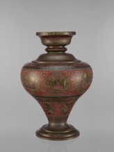 Vase, noted. Indian, 19th century. Vessel with a bulging, flattened belly tapering toward the