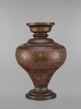 Vase. Vase with a bulging, flattened belly, tapering towards the bottom; with a wide spout and a