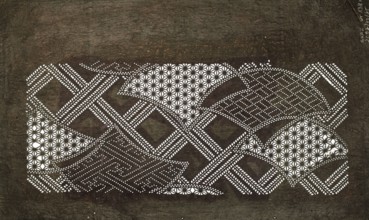 Katagami dyeing stencil with a modified wave pattern and diagonal check motif kawari seigaiha ni