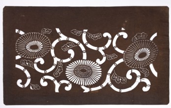 Dyeing stencil katagami with a motif of stylized chrysanthemums and plant tendrils kawari kiku ni