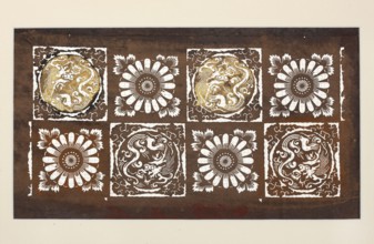 Katagami dyeing stencil with a stylised checkered motif with dragons and chrysanthemums ichimatsu