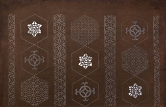 Katagami dyeing stencil with a striped motif of hemp leaves and hexagons asanoha to kikkô no shima
