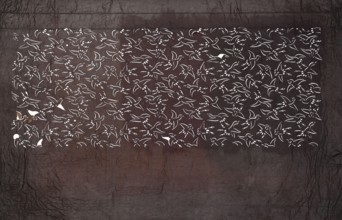 Katagami dyeing stencil; pattern of densely arranged birds in flight, ise-katagami stencil, Meiji