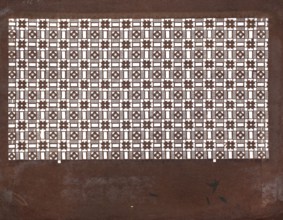 Katagami dyeing stencil; pattern with a dense arrangement of ornamental squares and stripes,