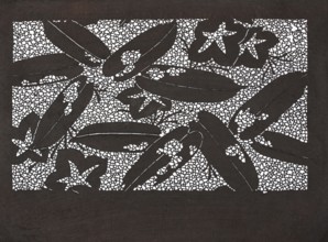 Katagami dyeing stencil; pattern of large pisci and paulownia flowers against a background of dense