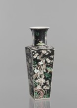 Pair of vases; Chinese; ceramics; colored porcelain in famille noire palette; decorated with birds,