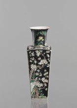 Pair of vases, Chinese, ceramics, colored porcelain famille noire, decorated with birds, plums, and