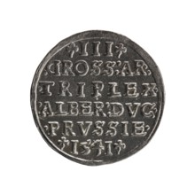 Trojak three-groschen coin. Obverse: male bust in armour in profile facing right; short hair, long