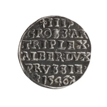 Trojak by Maciej Schilling mintmaster, co-creator; obverse: male bust in armour in profile to