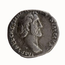 Denarius of Antoninus Pius 86–161; Roman Emperor 138–161. Obverse: Head of Antoninus Pius uncovered