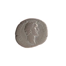 Denarius of Antoninus Pius 86–161; Roman emperor 138–161. Obverse: Head of Antoninus Pius uncovered