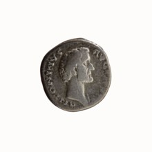 Denarius of Antoninus Pius 86–161; Roman emperor 138–161. Obverse: Head of Antoninus Pius without a