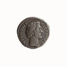 Denarius of Antoninus Pius 86–161; Roman emperor 138–161. Obverse: bare head of Antoninus Pius to