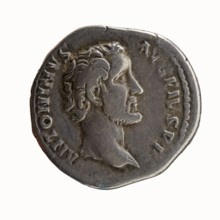 Denarius of Antoninus Pius 86–161; Roman Emperor 138–161. Obverse: Head of Antoninus Pius uncovered