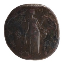 Sestertius of Antoninus Pius 86–161; Roman emperor 138–161. Obverse: head of Antoninus Pius in a