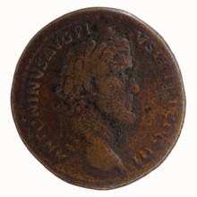 Sestertius, Roman coin, c. 140–144. Obverse: Head of Antoninus Pius in a laurel wreath to the