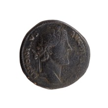 Sestertius of Antoninus Pius 86–161; Roman emperor 138–161. Obverse: Head of Antoninus Pius in a