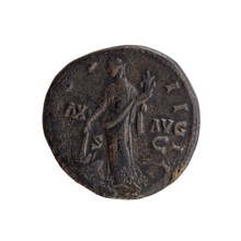 Sestertius of Antoninus Pius 86–161; Roman emperor 138–161. Obverse: head of Antoninus Pius in a