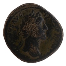 Sestertius of Antoninus Pius 86–161; Roman emperor 138–161. Obverse: Head of Antoninus Pius in a
