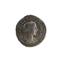 Denarius of Alexander Severus reigned 222–235 CE. Obverse: bust of Alexander Severus Roman emperor,