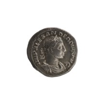 Denarius of Alexander Severus reigned 222–235 CE. Obverse: bust of Alexander Severus Roman emperor,