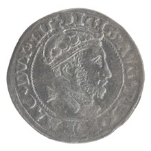 Lithuanian grosz, 1546. Obverse: crowned male bust in armour facing right, rim inscription divided