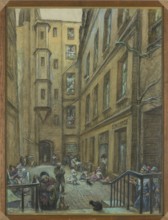 Courtyard of an old tenement house in Paris, Antoni Kamienski 1860–1933, painter, 1925, gouache and