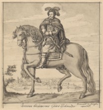 Portrait of John Casimir in armor and on horseback after an engraving by Clement de Jonghe; drawing
