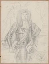 Portrait of Michal Korybut Wisniowiecki in armor; drawing glued to cardboard with the upper edge.
