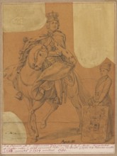 Portrait of Augustus III of Saxony in coronation robes on horseback; drawing tracing? on tracing