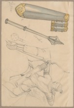 Fragments of armor and a sketch of an archer, 17th century; Aleksander Lesser 1814–1884,